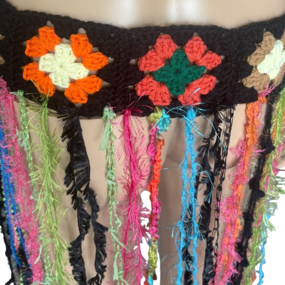 Upcycled Crochet Granny Square Floral Festival Set Fringe Ibiza Boho S/M Multi - Picture 10 of 10